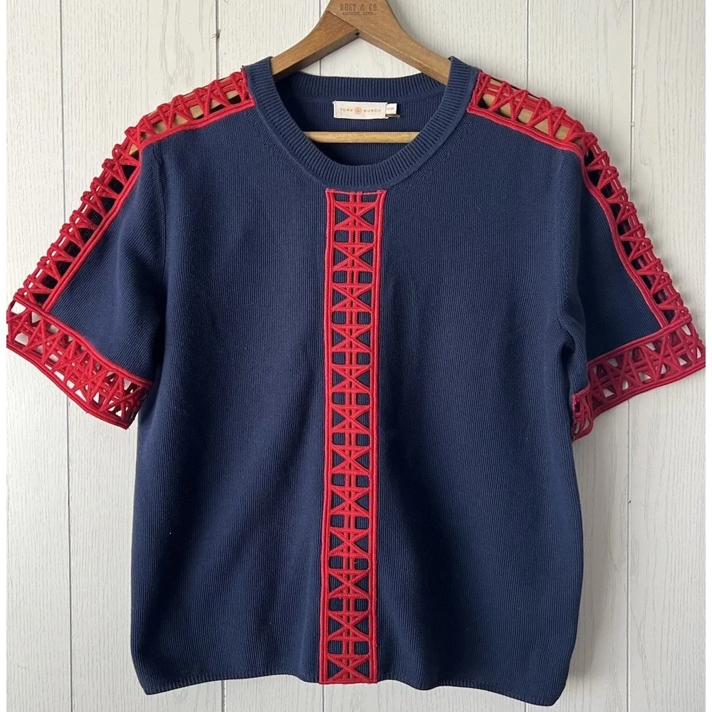 Tory Burch Knit Cotton Navy Blue Red Geo Cut Out Knit Yacht Top Blouse Coastal M